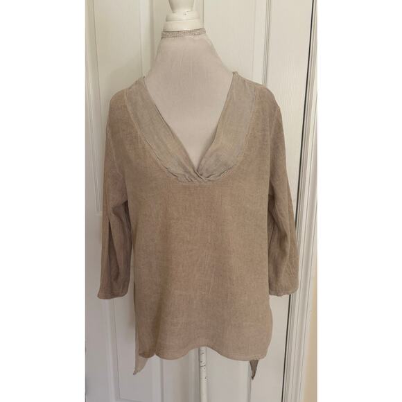 Colette Italy Made Linen Blend Shirt Tan Tunic V-Neck Top - Picture 1 of 7